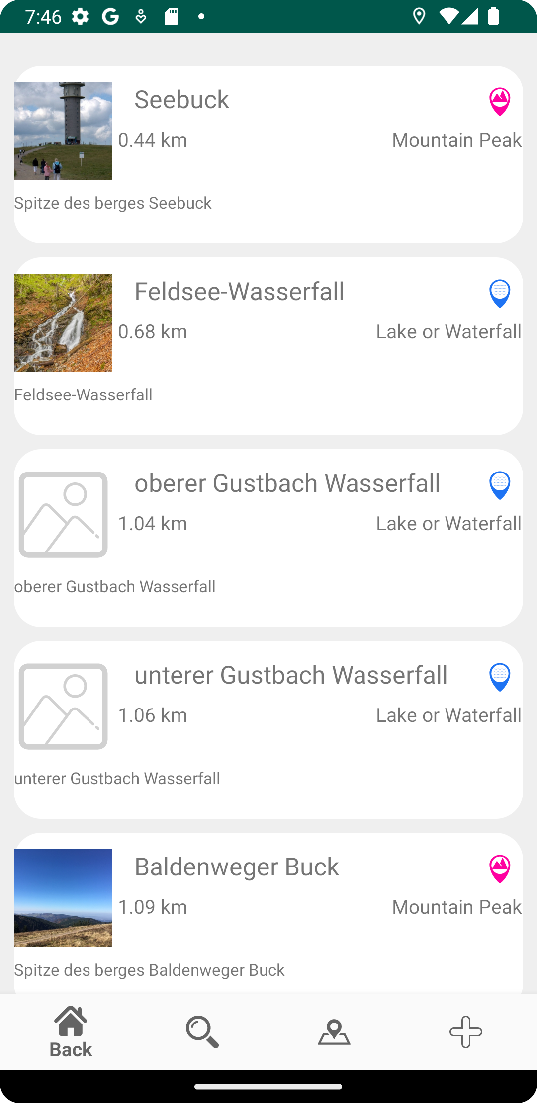 Springs, shelters and other places on the map